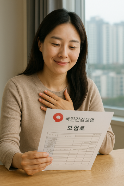 책상 위에 놓인 건강보험 고지서를 들여다보며 안도하는 표정의 여성.
