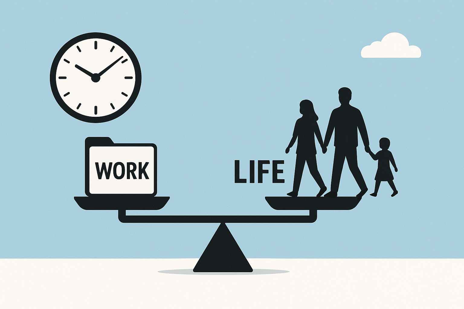 시계와 저울 위에 ‘일’과 ‘삶’을 나누어 배치한 뒤 가족이 손잡고 걷는 실루엣으로 워라밸을 표현한 가로형 일러스트