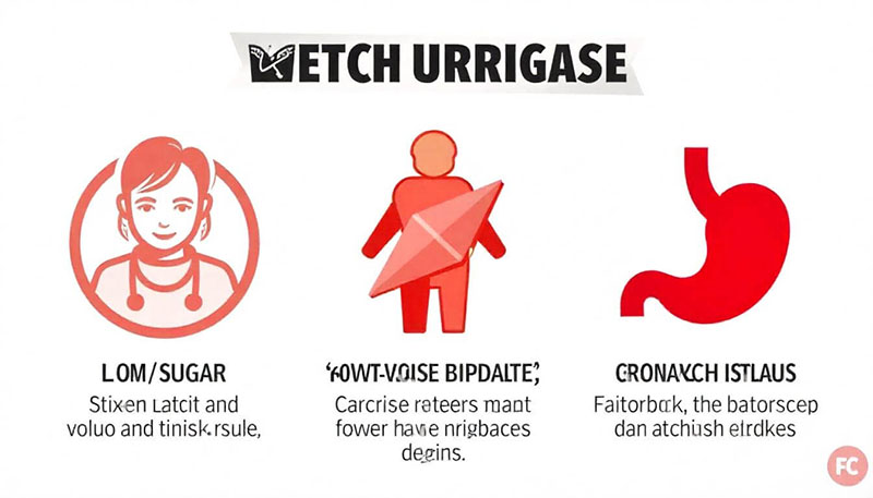 경고 인포그래픽으로 저혈당, 여성 호르몬 불균형, 위장 문제 등을 나타내는 아이콘.