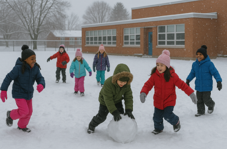 한겨울 아이들의 야외 활동, 운동장, 눈
