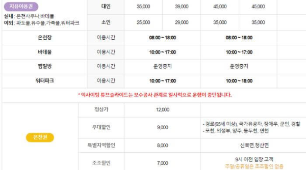 신북온천 리조트 요금표