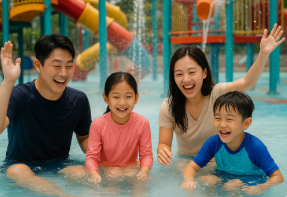 워터파크에서 물놀이 하고 있는 가족 모습
