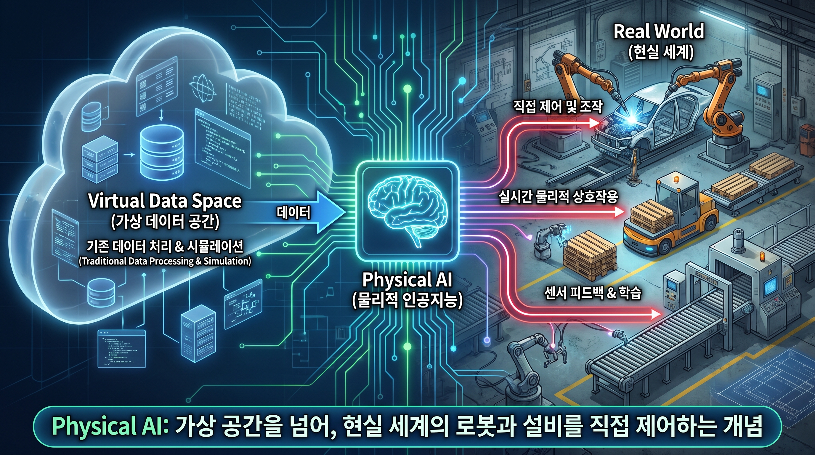 가상의 데이터 공간을 넘어 현실 세계의 로봇과 공장 장비를 직접 제어하는 피지컬 AI의 개념도