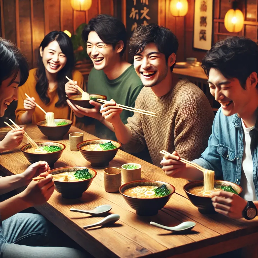 친구들이 후쿠오카의 아늑한 라면 가게에서 라면을 즐기는 모습.