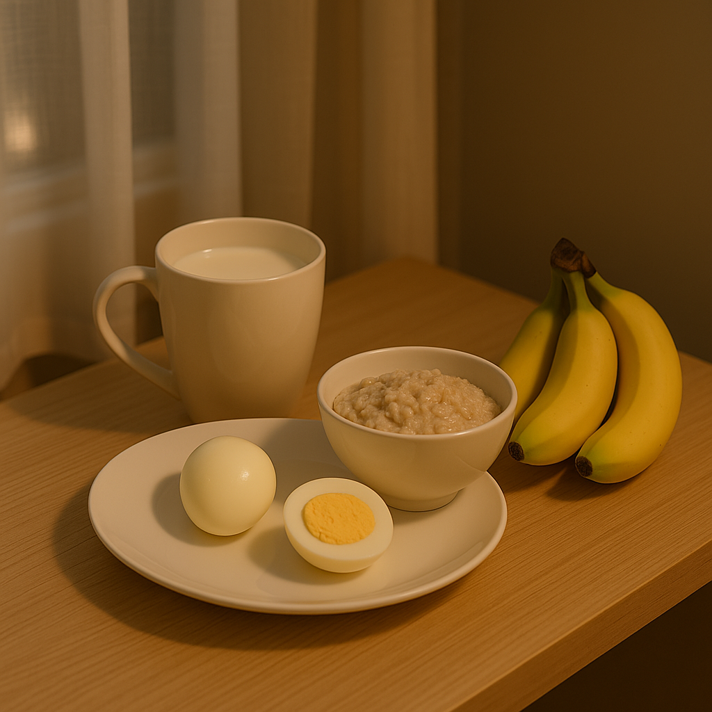 따뜻한 우유, 바나나, 삶은 달걀, 오트밀이 나무 테이블 위에 가지런히 놓인 장면