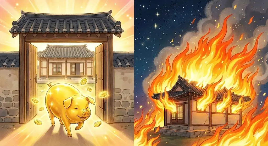 2026년 최강 길몽: 집이 활활 타오르는 불꿈 황금돼지가 대문안으로 들어오는 장면