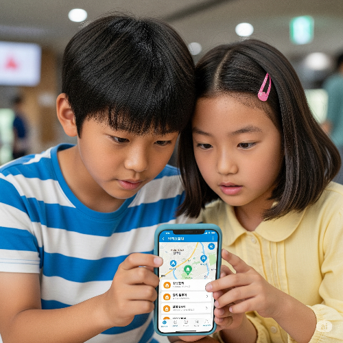 남녀 초등학생 아이가 스마트폰 앱을 통해서 비상 상황 시 대피소 위치를 찾아보는 체험을 하는 중
