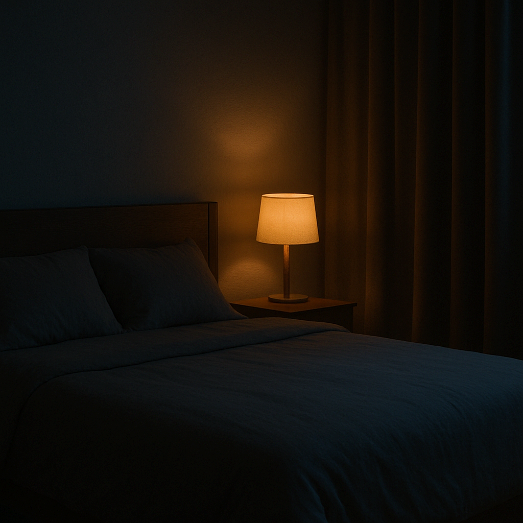 은은한 조명만 켜진 조용한 침실의 어두운 수면 공간