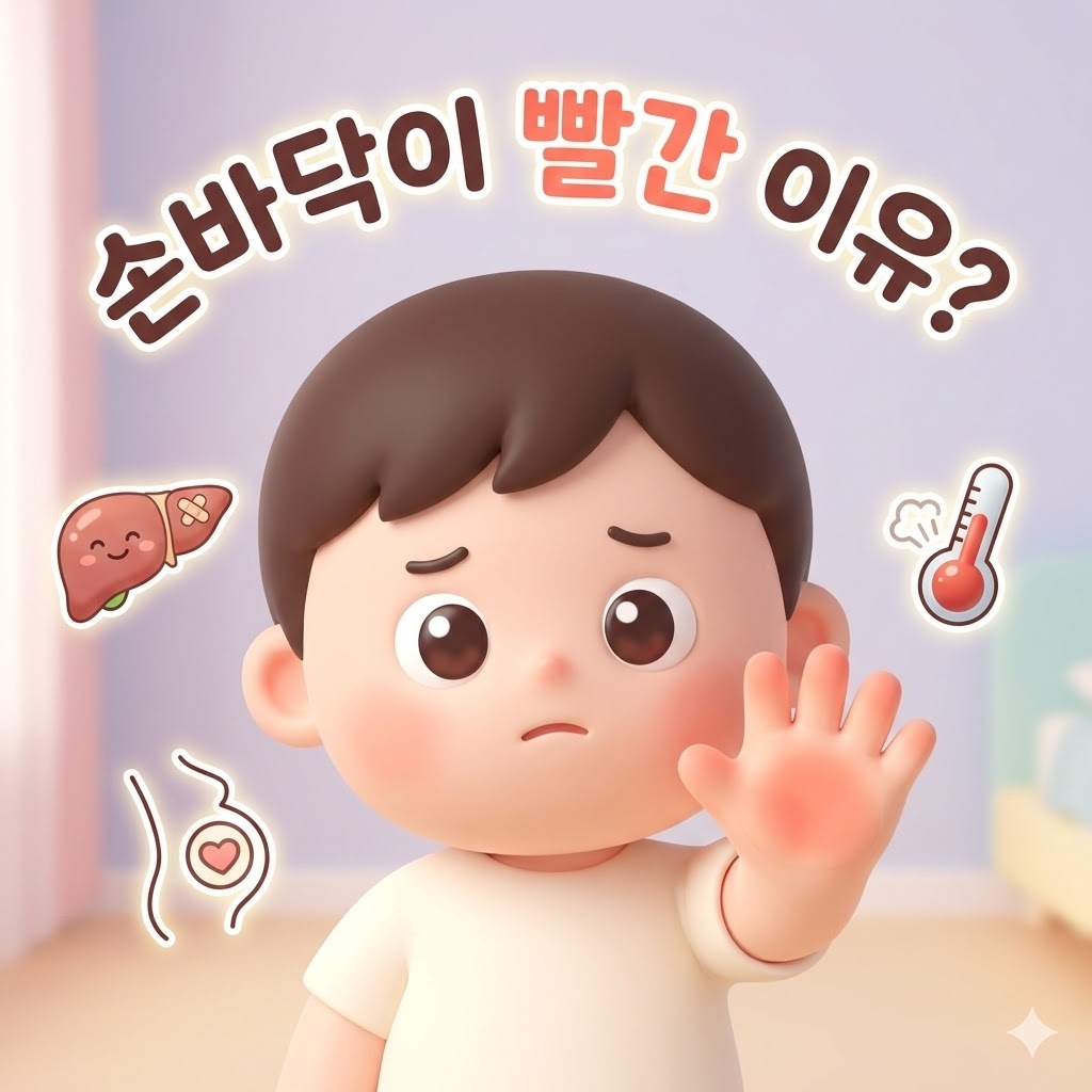 손바닥이 붉게 변한 이유를 궁금해하는 귀여운 캐릭터 일러스트, 간 건강과 임신 등 다양한 원인을 암시하는 요소들이 함께 표현됨.
