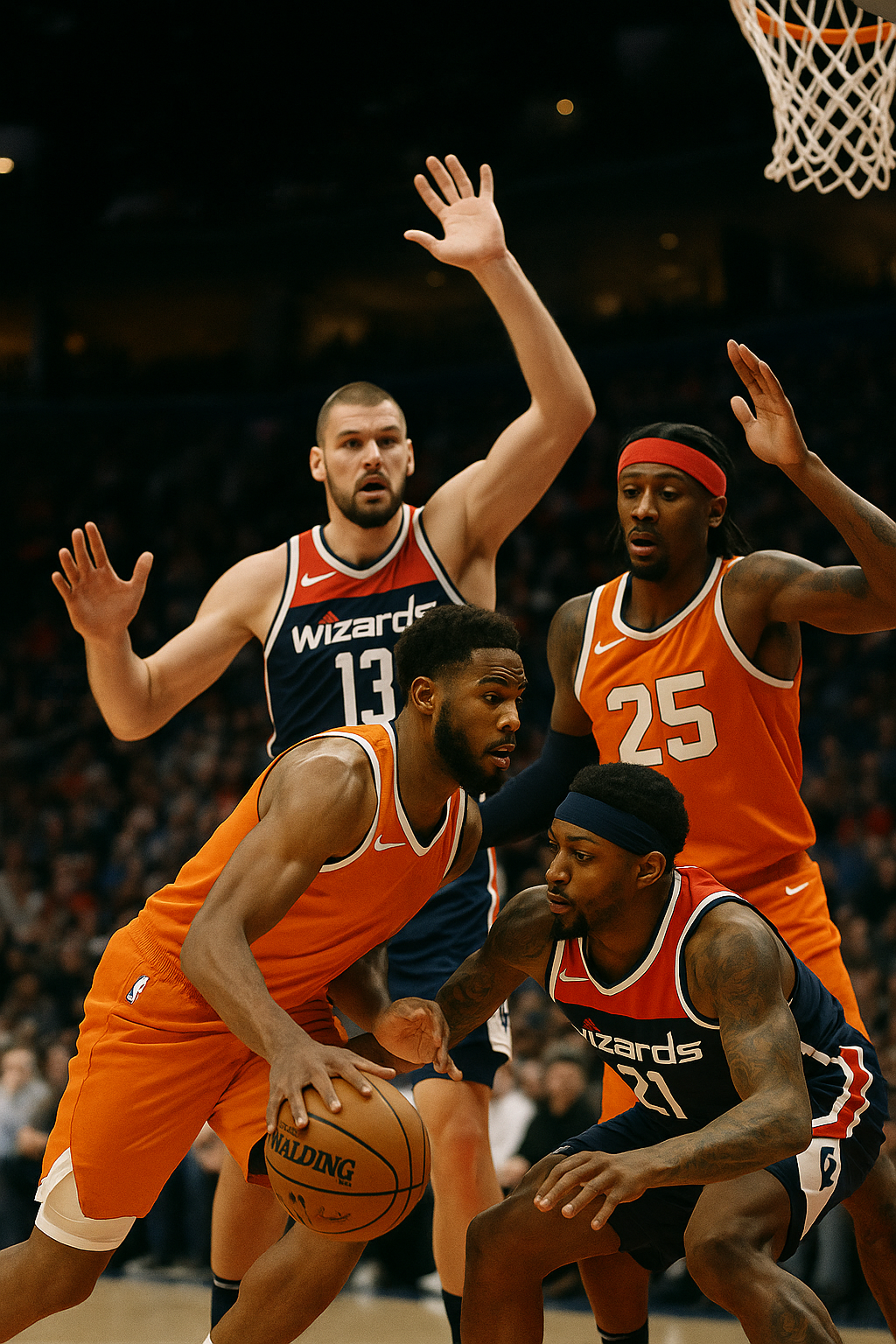 NBA 농구 경기 중 드리블 돌파와 수비 장면을 보여주는 역동적인 경기 이미지