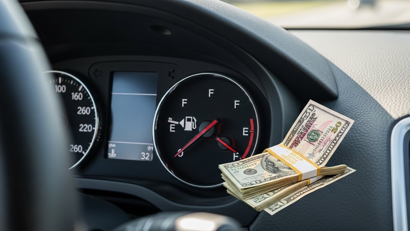 주유비 절약을 상징하는 기름 게이지와 돈다발 이미지