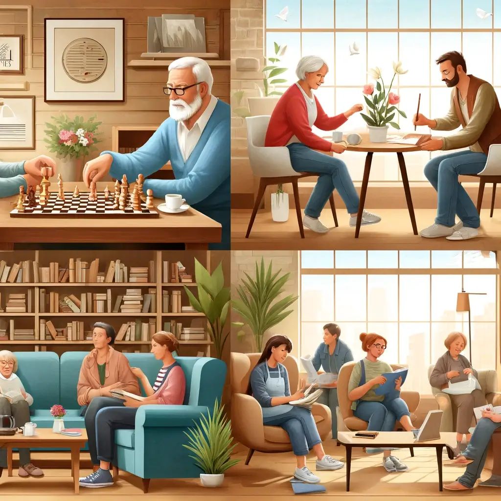 다양한 자극 및 사회적 활동에 참여하는 아늑한 커뮤니티 센터