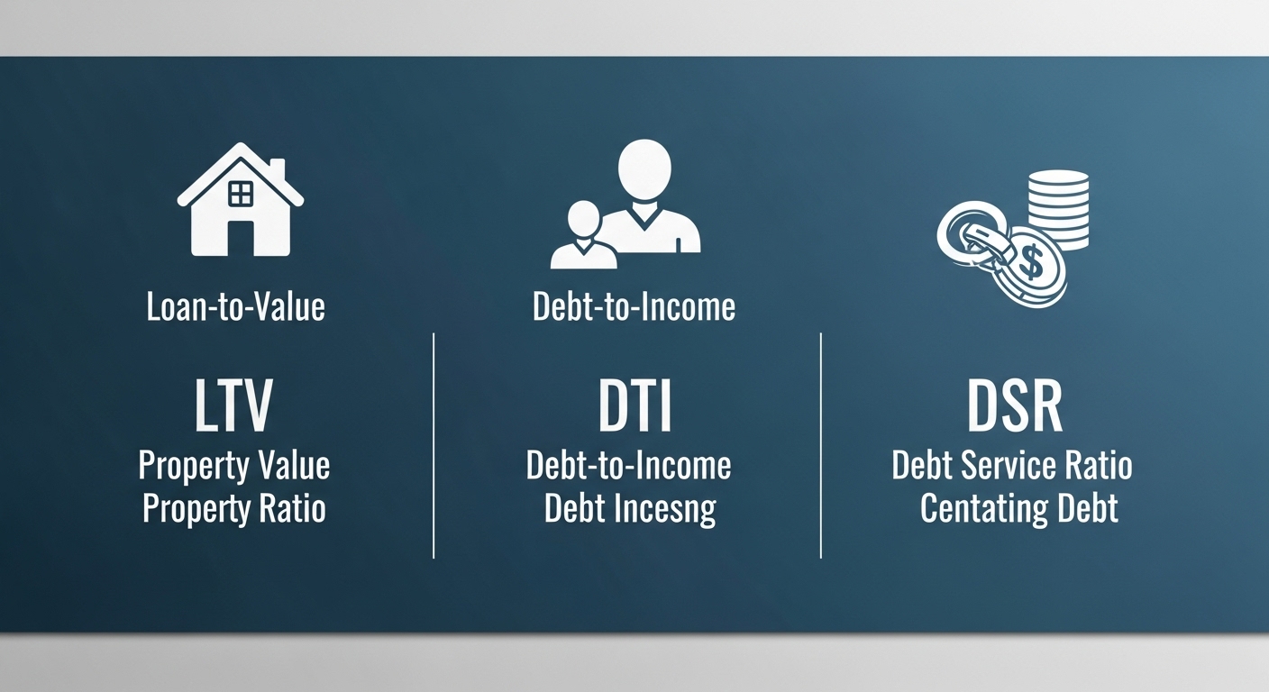 LTV, DTI, DSR의 개념을 설명하는 인포그래픽. 집, 소득, 부채 아이콘을 사용하여 주택담보대출의 핵심 규제를 시각적으로 표현.