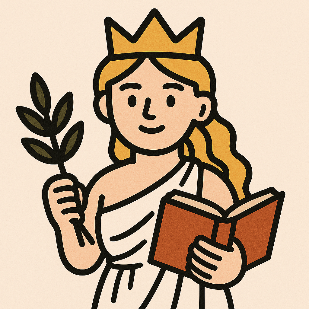 왼손에 책을 든 지혜로운 여신의 모습