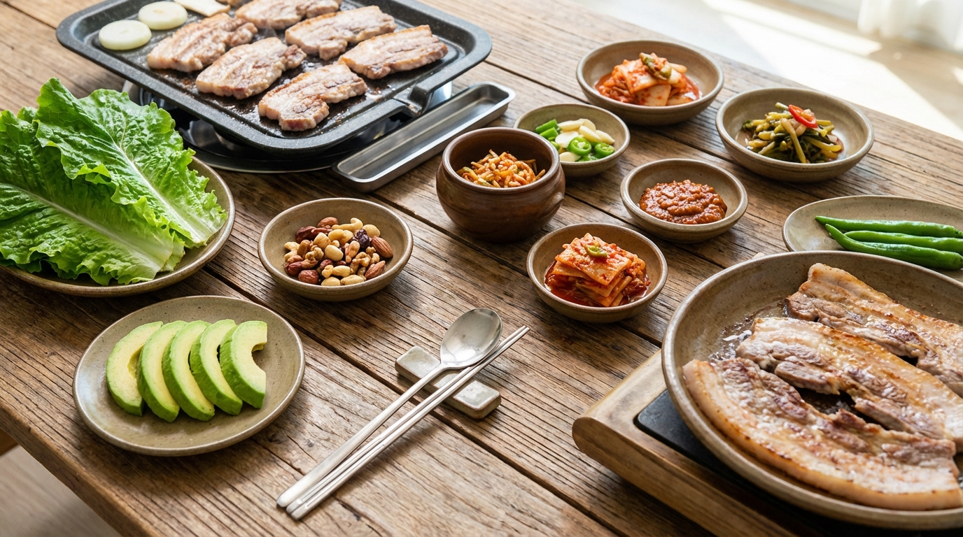 삼겹살과 신선한 야채로 구성된 부작용 없는 한국형 저탄고지 다이어트 식단