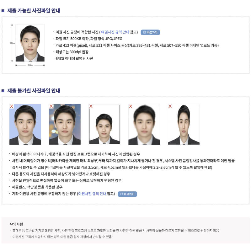 여권 온라인 재발급 신청을 위한 사진 규정