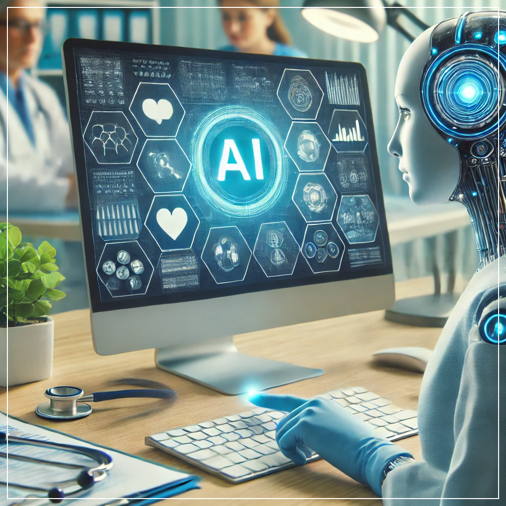 AI 기반 의료 보조 시스템이 환자 데이터를 분석하고 건강 상태를 모니터링하는 모습