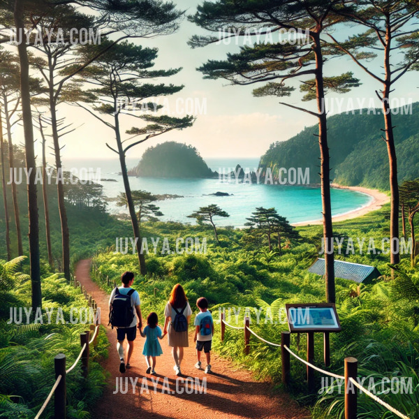 A family walking along the Cheongsando trekking course with lush forests and ocean views.
