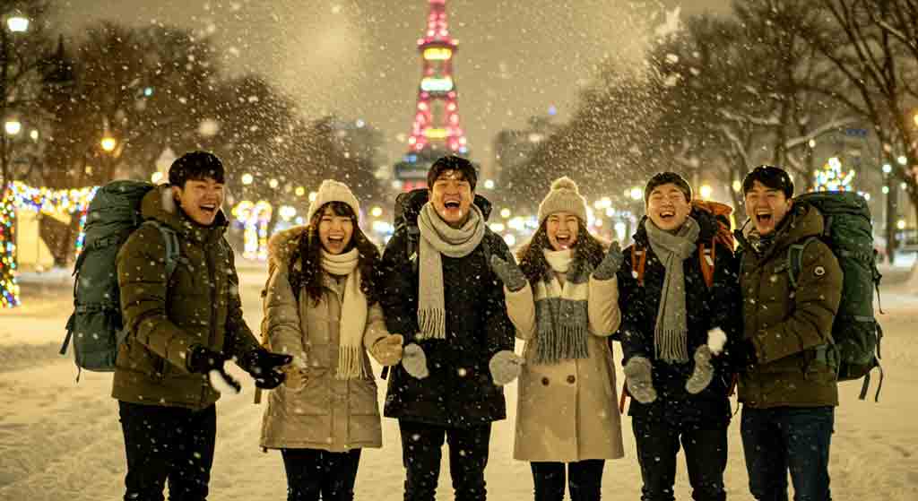 눈덮인 삿포로 공원에서 젊은이들의 환호