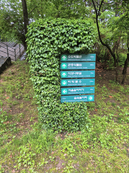 서울숲 내부의 다양한 방향을 안내하는 이정표, 담쟁이덩굴로 덮여 자연스러움