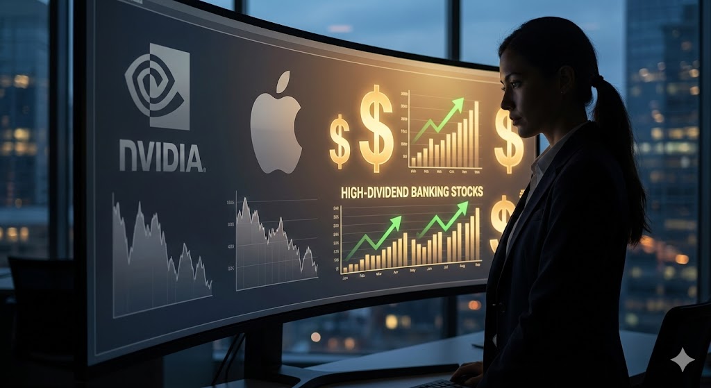 낸시 펠로시의 실루엣 뒤로 엔비디아와 애플 로고가 작아지고, 커다란 배당금 기호($)와 금융주 차트가 강조된 썸네일