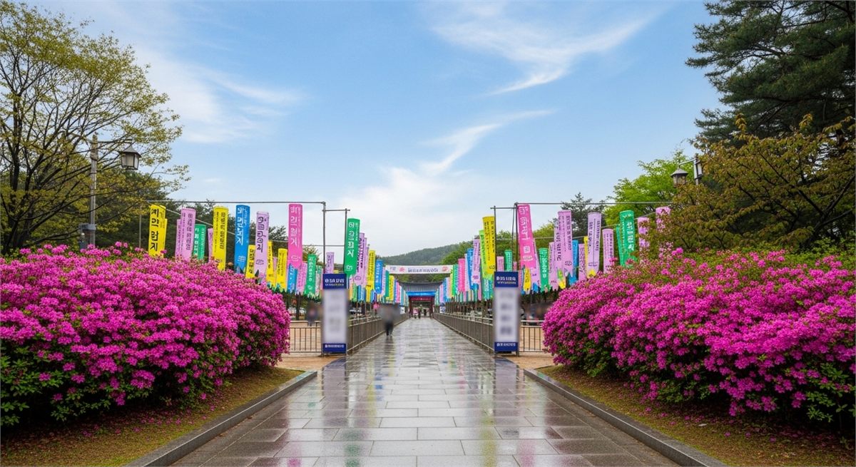 봄 축제 분위기가 느껴지는 철쭉동산 입구 주변 모습 