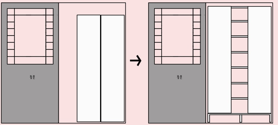 구석에 있던 신발장을 딱 맞는 하부틀을 만들고 그 위로 신발을 올려 연결해 공간과 딱 맞춘 신발장 구상 그림