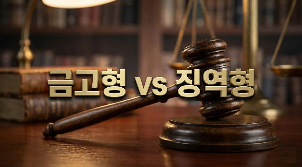 판사의 법봉과 법전이 있는 엄숙한 책상, '금고 vs 징역'이라는 핵심 키워드 강조.