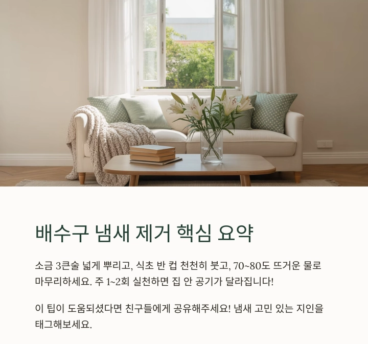 냄새 없는 집 만들기 : 배수구 악취 제거 비법, 소금 식초 뜨거운 물 조합