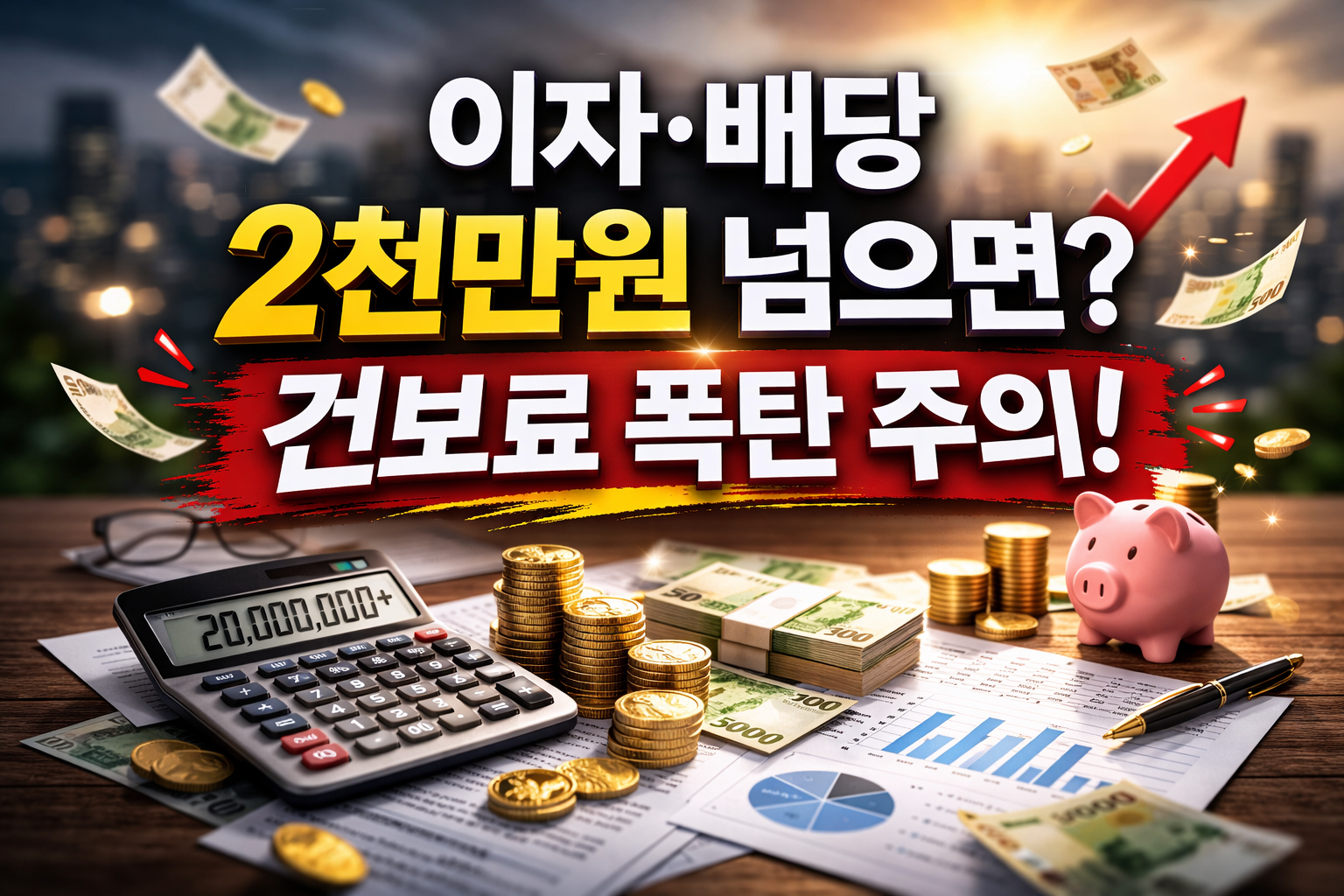 이자&middot;배당 2천만원 넘으면 건보료 폭탄 주의 문구가 중앙에 배치된 썸네일 이미지