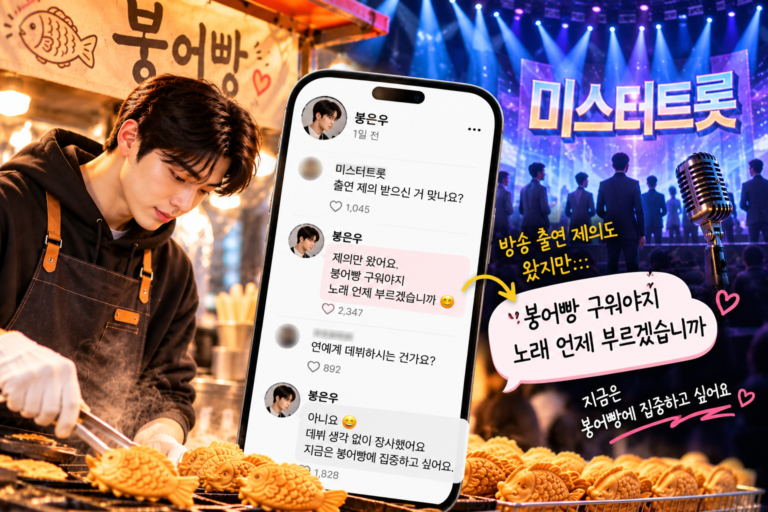 광명 붕은우 붕어빵 청년의 미스터트롯 방송 출연 제의와 연예계 데뷔 관련 SNS 반응을 표현한 AI 이미지