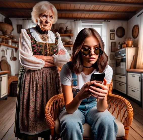 MZ세대와 이전 세대 인물의 갈등을 표현한 사진