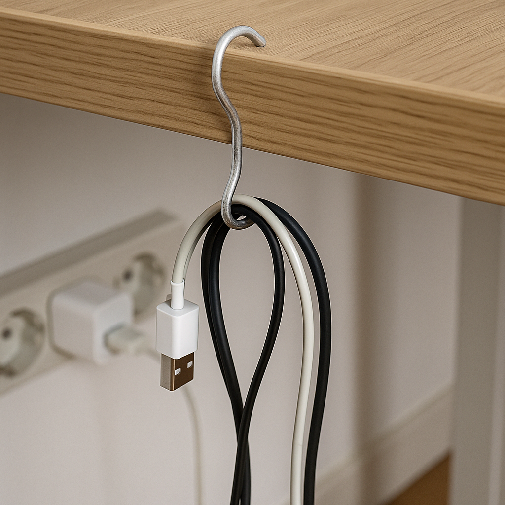 나무 책상에 걸어둔 S자형 철사 훅에 USB 전선과 충전 케이블이 깔끔하게 정리되어 있는 장면