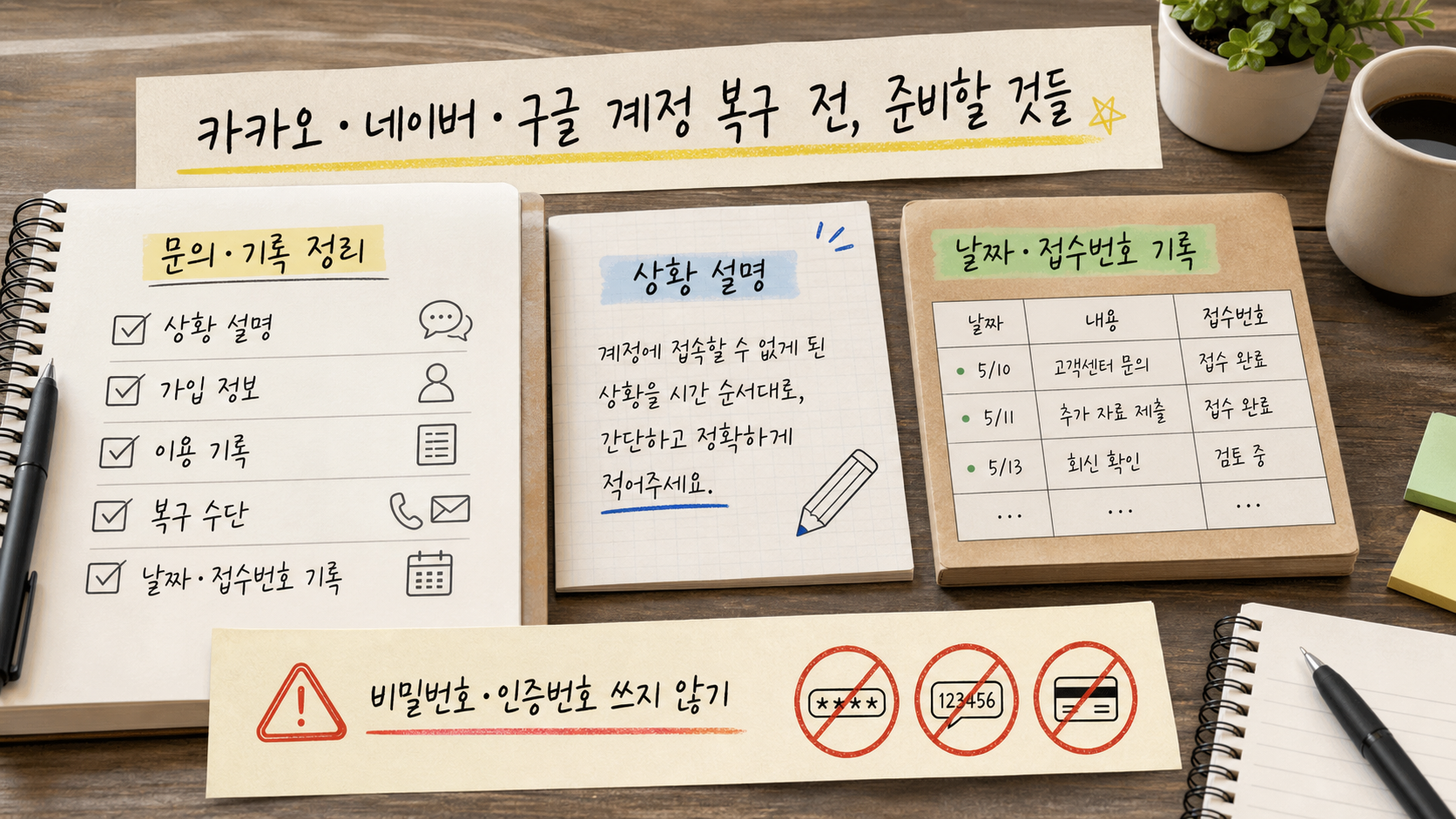 계정 복구 고객센터 문의에 상황 설명 가입 정보 이용 기록 복구 수단을 정리하고 날짜 접수번호를 기록하는 손글씨 카드