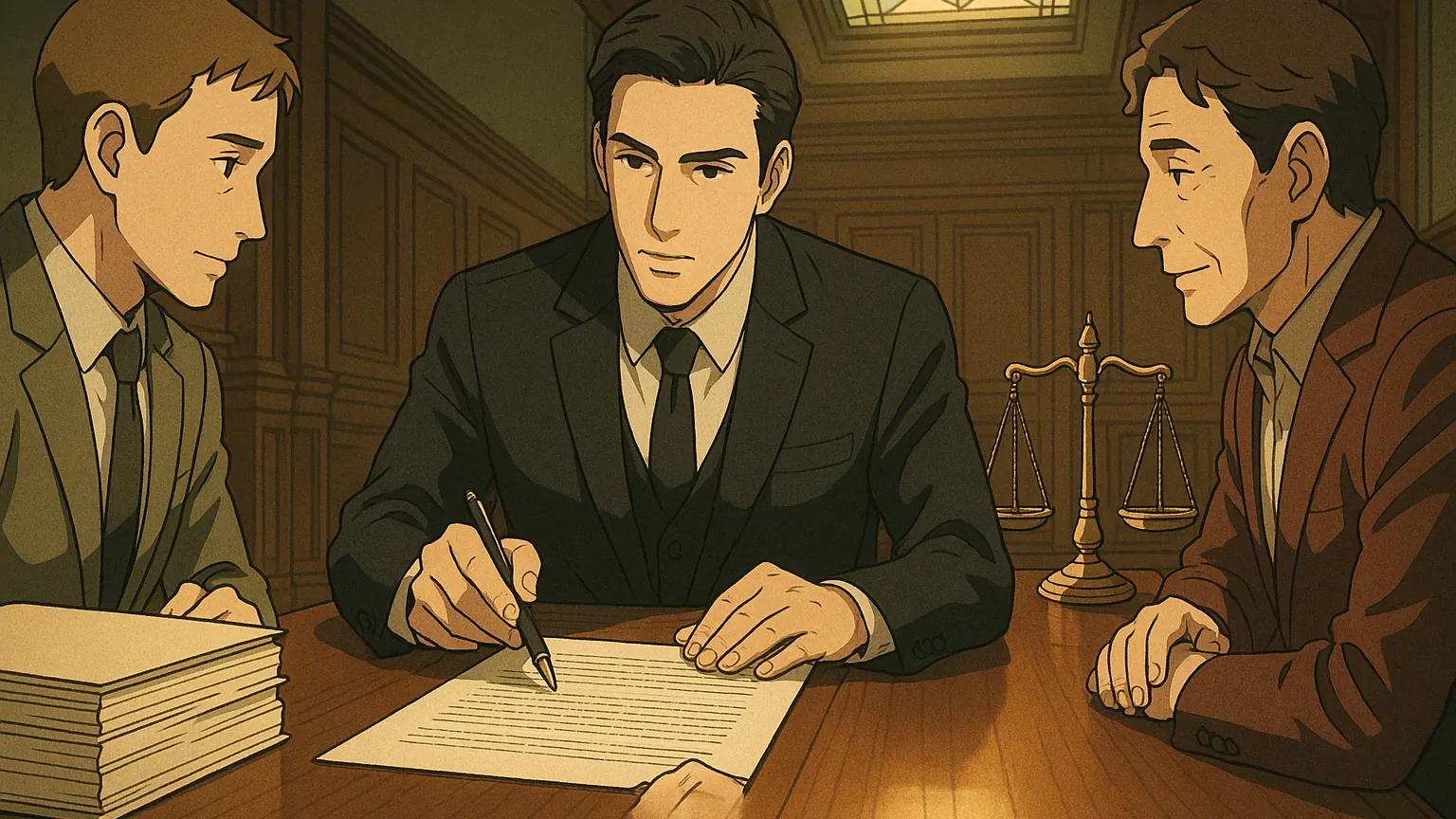 법정에서 합의서를 검토하는 변호사와 당사자들의 모습