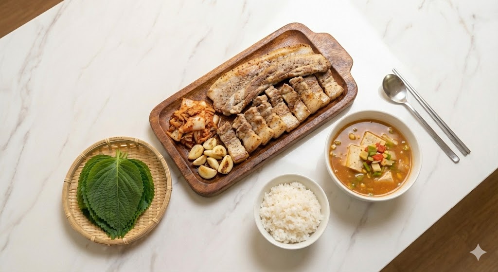 삼겹살의 기름진 맛을 향긋하게 잡아주는 환상의 짝꿍, 신선한 깻잎 쌈