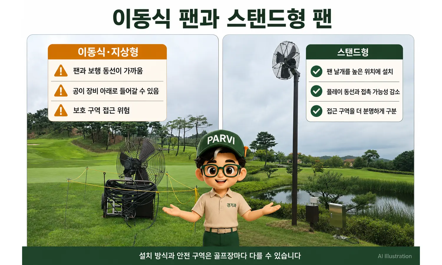 이동식 지상형 그린 팬과 스탠드형 팬의 설치 방식 및 안전상 차이