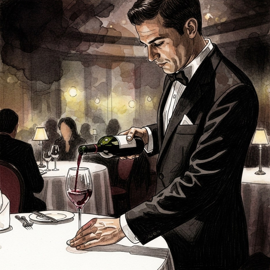 전문적인 서비스가 느껴지는 와인 서빙 장면