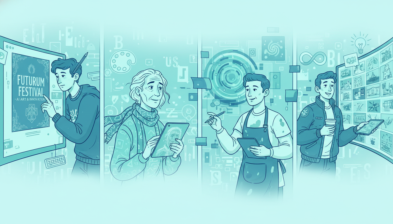 텍스트 디자인, 사실적인 인물화, 예술 작품, 빠른 아이디어 스케치 등 각기 다른 목적을 가진 사용자들이 AI 이미지 툴을 활용하는 모습을 담은 그림.