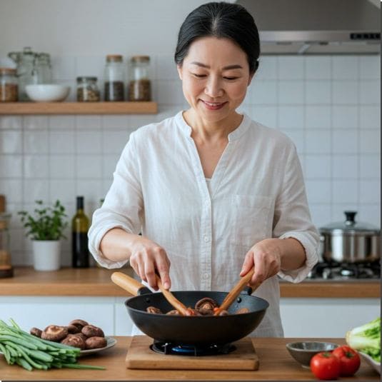 에르고티오네인 많은 음식, 표고버섯 볶는 여성