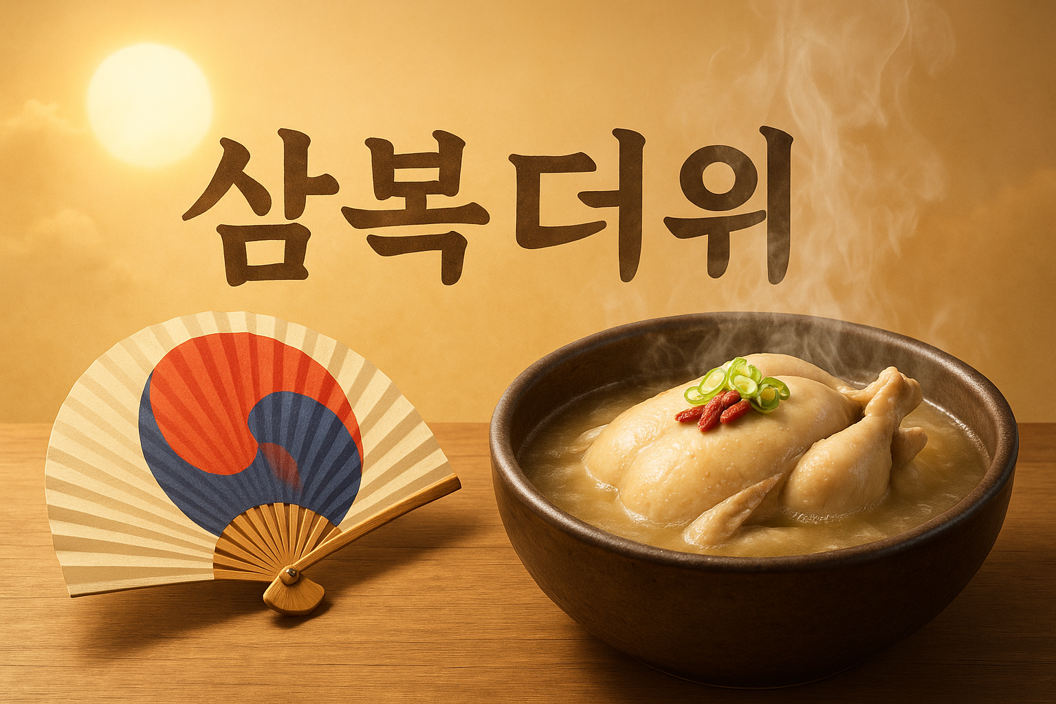 삼복더위 텍스트와 여름을 상징하는 뜨거운 태양, 부채, 보양음식 삼계탕을 형상화 한 이미지