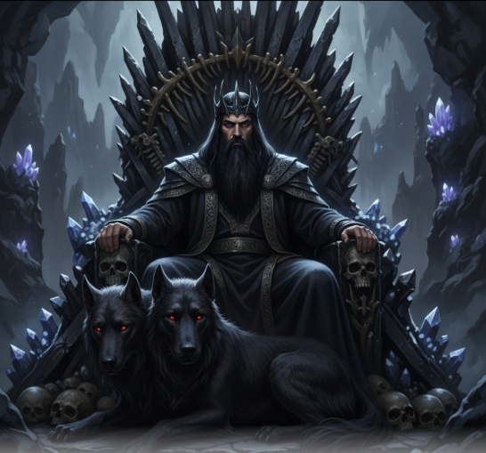 지하 세계의 왕좌에 앉아있는 하데스와 케르베로스 일러스트