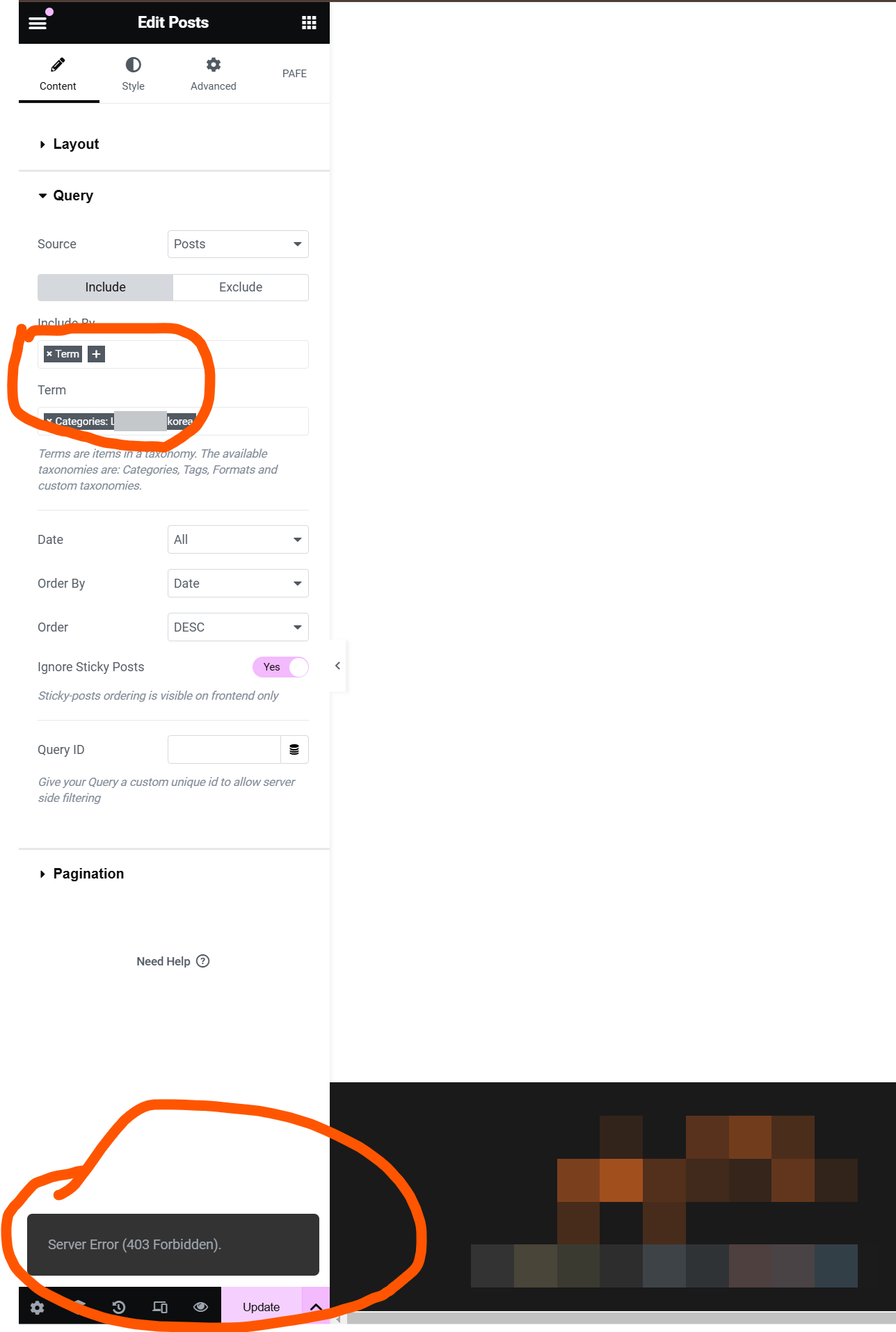 엘리멘터: 페이지 저장/업데이트 시 Server Error (403 Forbidden) 오류가 발생하는 경우