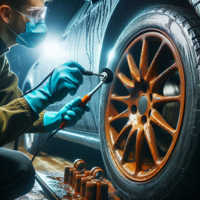 자동차에 장착된 휠을 공구로 수리하는 모습