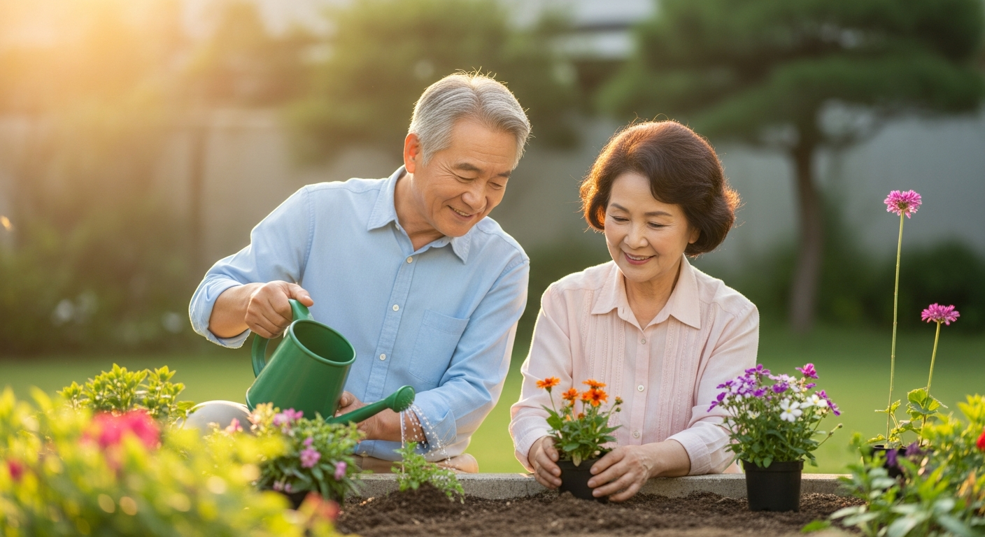 아름다운 정원에서 햇살을 받으며 함께 원예를 즐기는 건강하고 행복한 60대 한국인 노부부