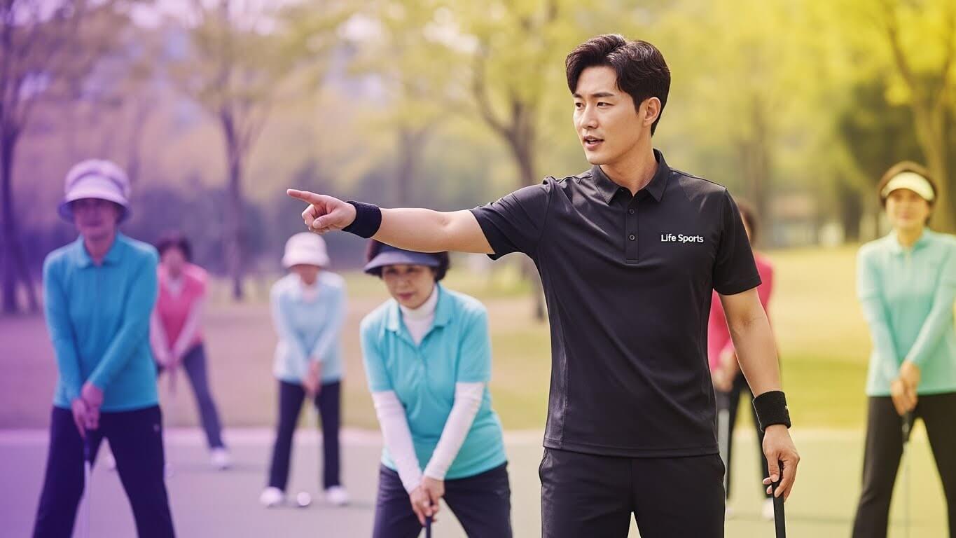 파크골프지도자가 수명의 시니어앞에서 설명을 하고있다