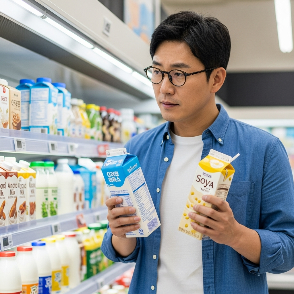 한 40대 한국인 남성이 마트 유제품 코너에서 일반 우유, 두유, 아몬드유를 각각 손에 들고 성분표를 비교하며 고민하는 모습