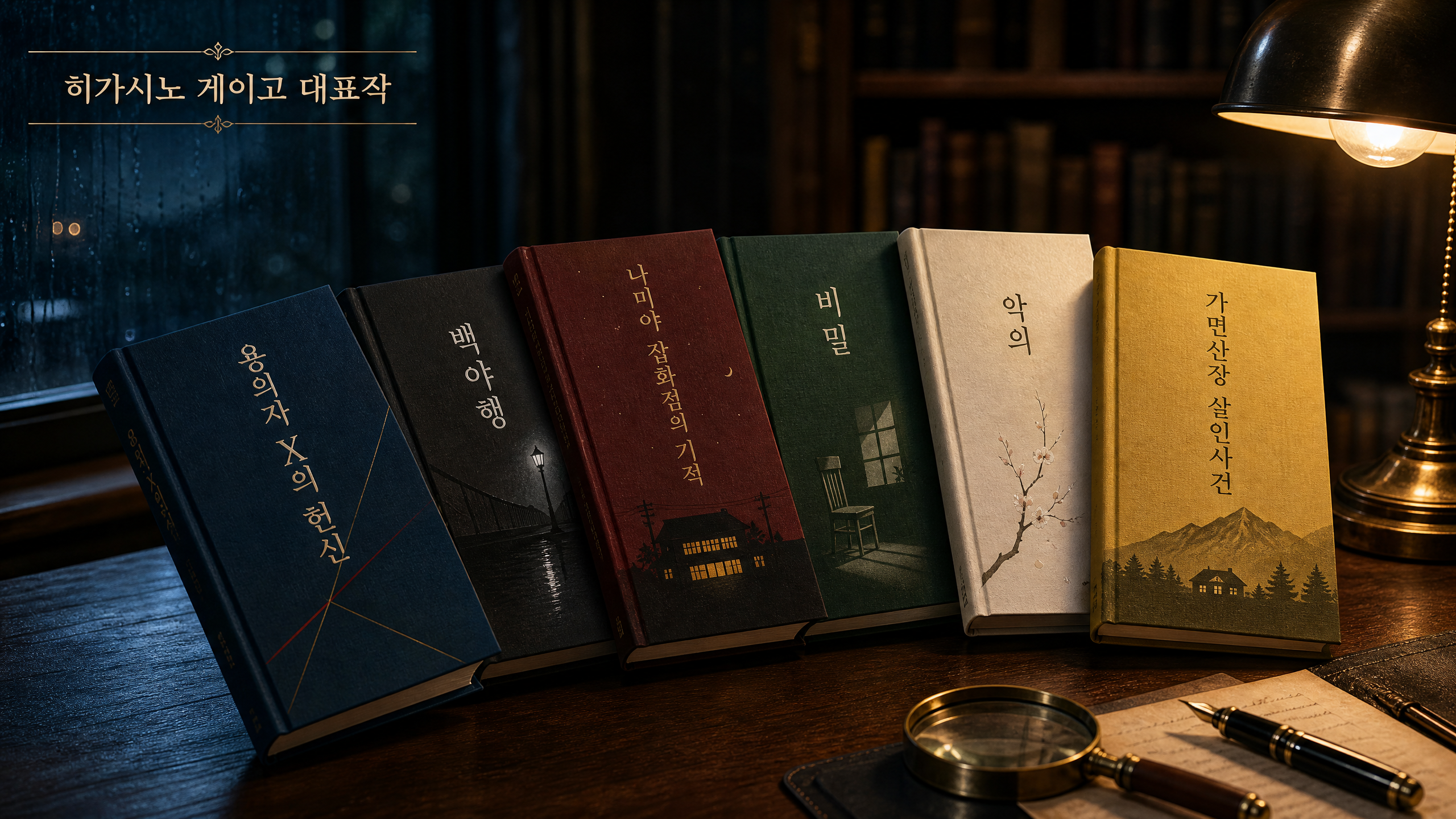 히가시노 게이고의 대표작 양장본 도서들과 돋보기, 메모지가 놓인 클래식한 서재 일러스트 (국내 번역본 출판사 및 판권 비교