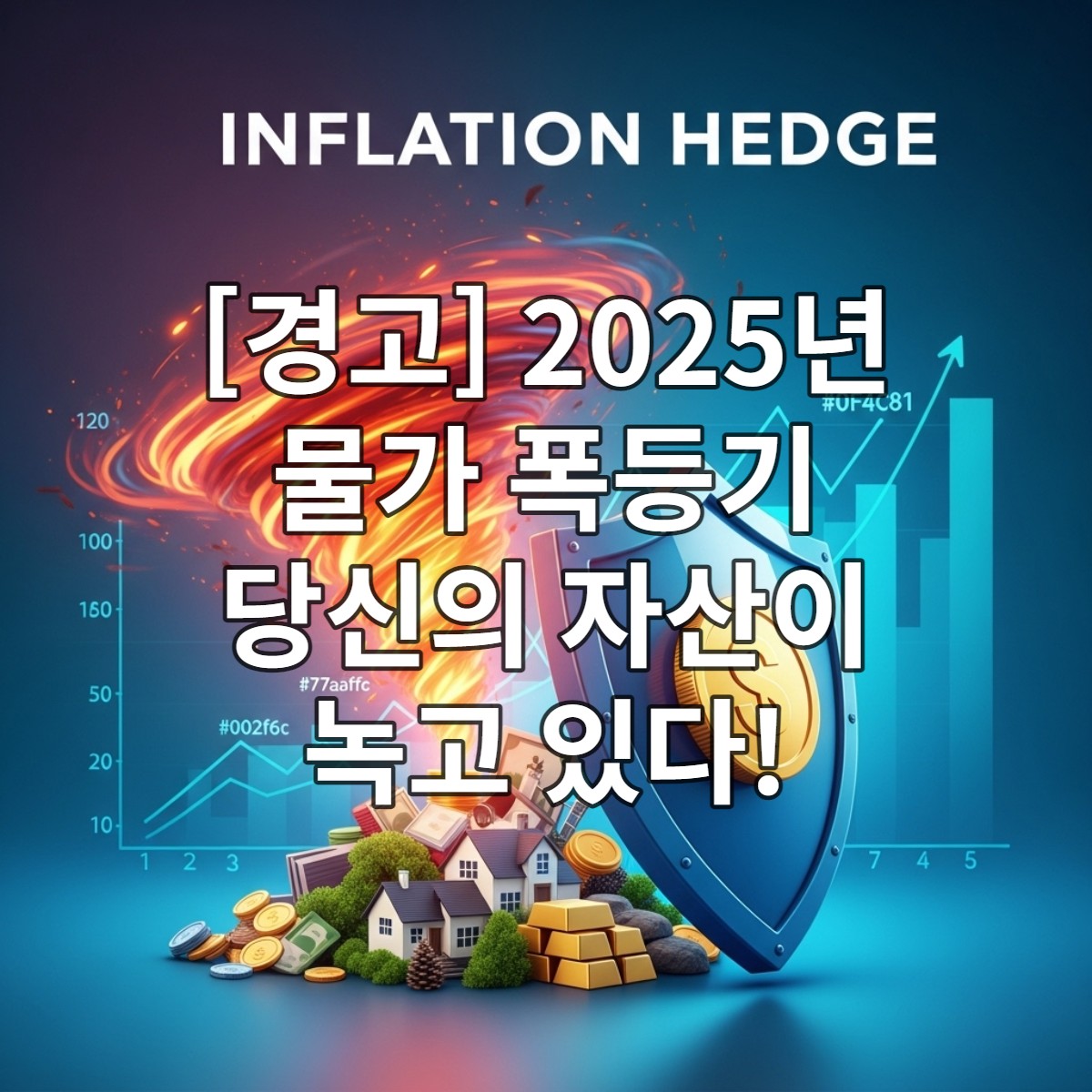 물가 폭등기 속 자산 보호를 상징하는 튼튼한 방패와 다양한 투자 자산들