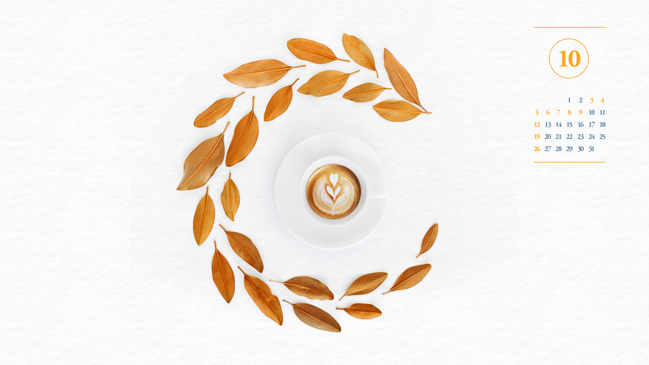 05 나뭇잎과 커피 A - 2025년10월 노트북배경화면